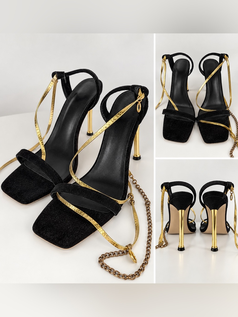 Black & Gold Strappy Stiletto Sandals